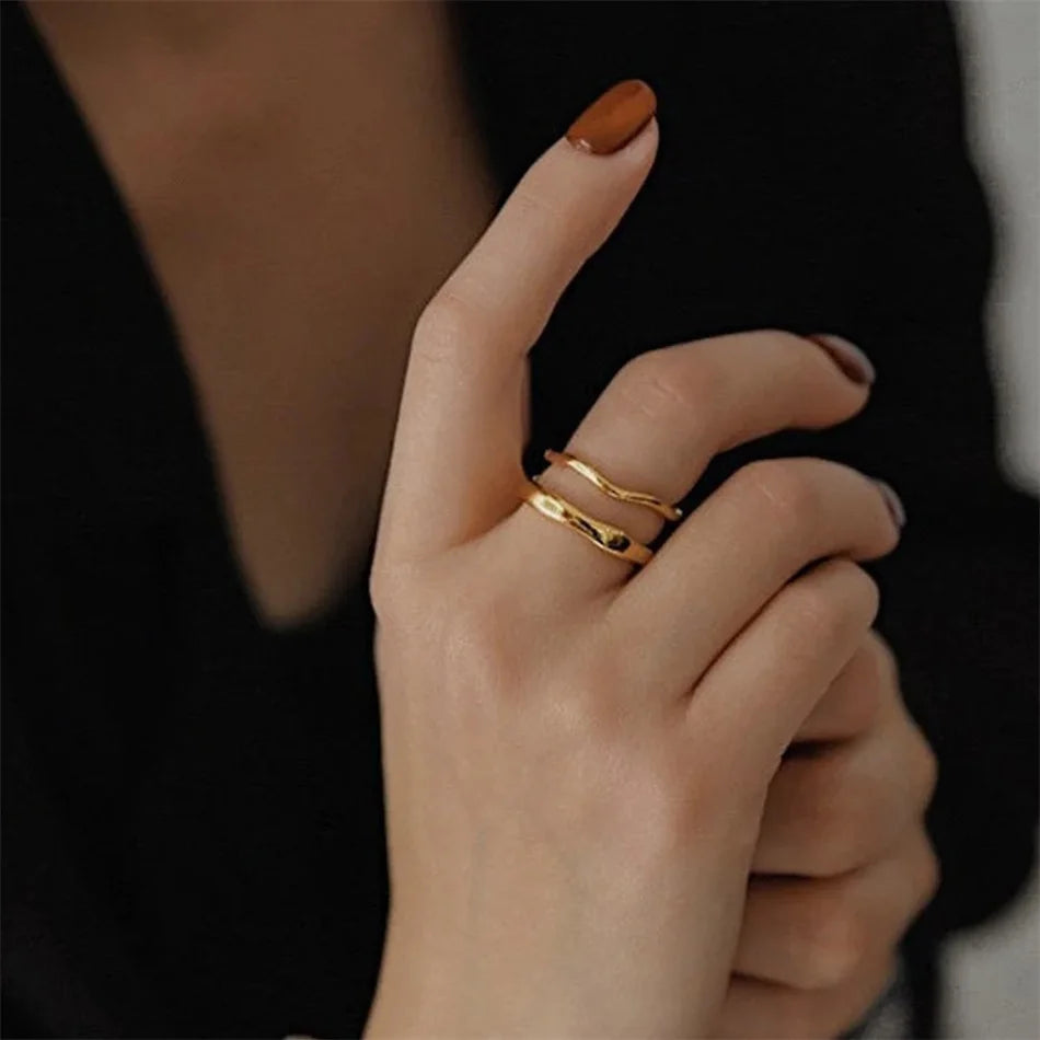 Stainless Steel Ring for Women Irregular Wave Rings Trendy Simple Geometric Handmade Couple Jewelry