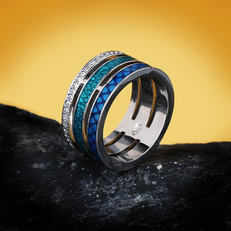 Fashion Creative Three-layer Blue Zircon Geometric Ring 925 Silver Handmade Enamel Jewelry Engagement for Women