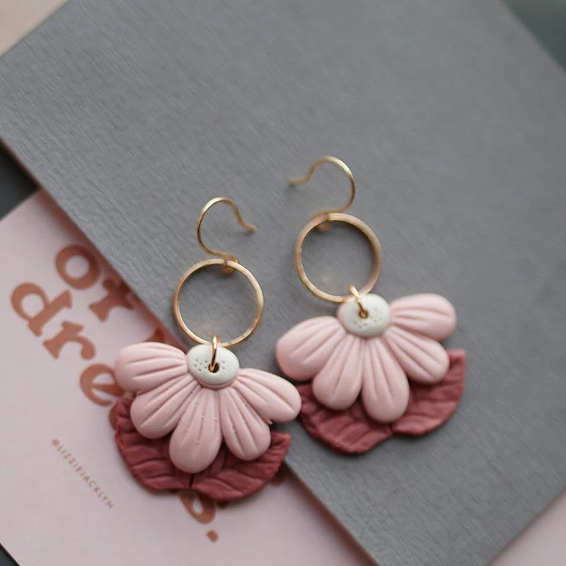 Sector Pendant Flower Brass Ring Antique Dangle Multi Colors Handmade Unique Polymer Clay Spring Gift Earring Sets Party Jewelry