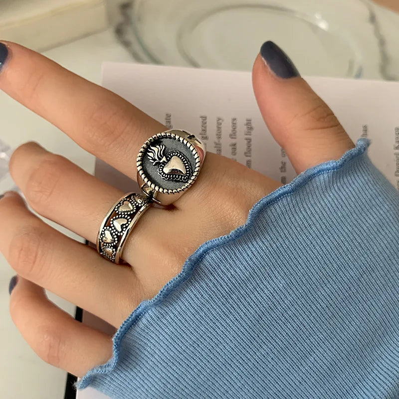 Creative Thai Silver Color Heart Open Ring Female Valentine's Day Gift Fashion Temperament Exquisite Handmade