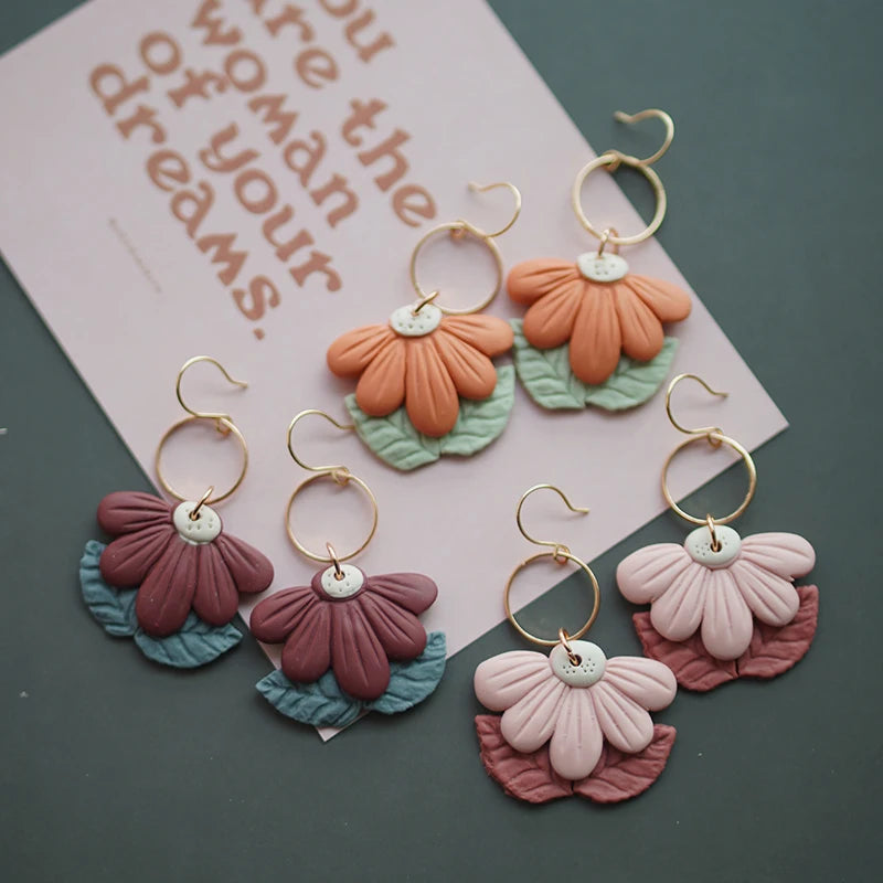 Sector Pendant Flower Brass Ring Antique Dangle Multi Colors Handmade Unique Polymer Clay Spring Gift Earring Sets Party Jewelry