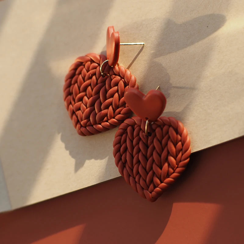 Handmade Cute Knitting Braided Pattern Heart Shape Multi Solid Colors Love Khaki Polymer Clay Earring Dangle Sets Jewelry Gifts