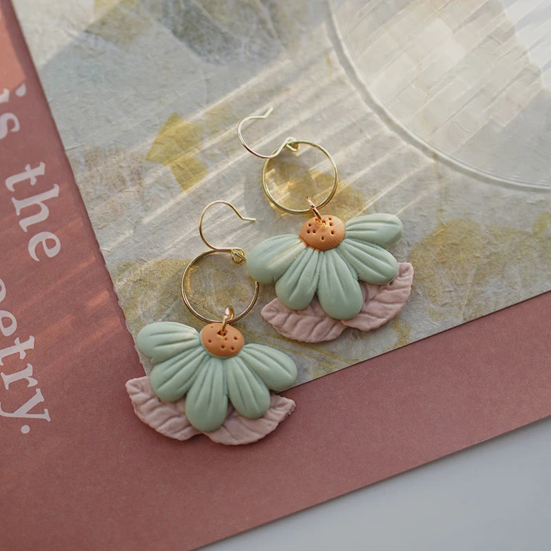 Sector Pendant Flower Brass Ring Antique Dangle Multi Colors Handmade Unique Polymer Clay Spring Gift Earring Sets Party Jewelry