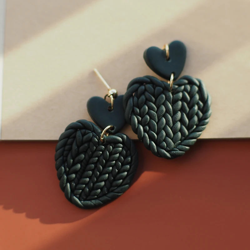 Handmade Cute Knitting Braided Pattern Heart Shape Multi Solid Colors Love Khaki Polymer Clay Earring Dangle Sets Jewelry Gifts