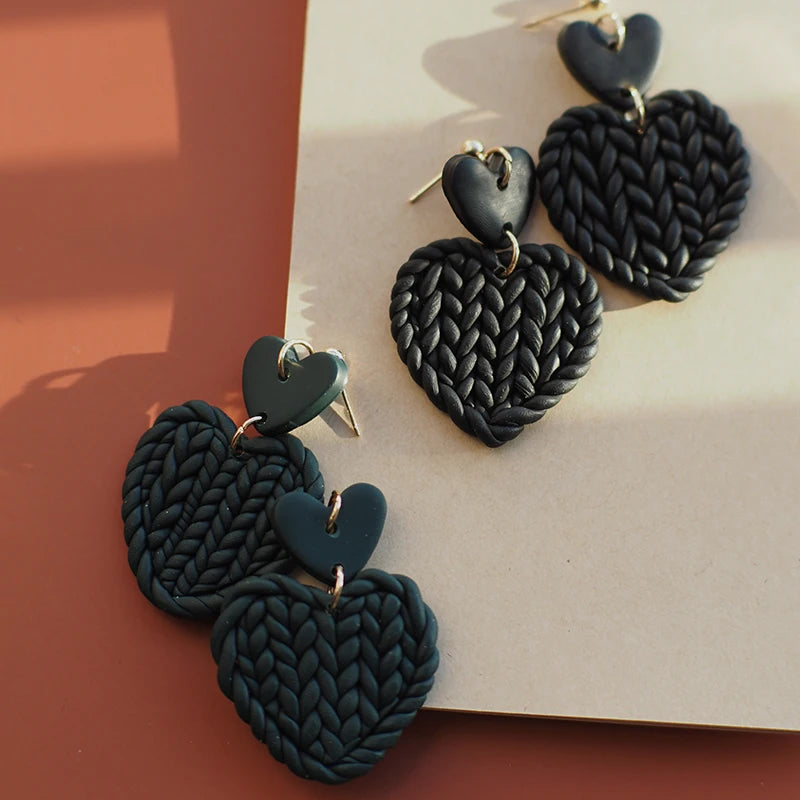 Handmade Cute Knitting Braided Pattern Heart Shape Multi Solid Colors Love Khaki Polymer Clay Earring Dangle Sets Jewelry Gifts