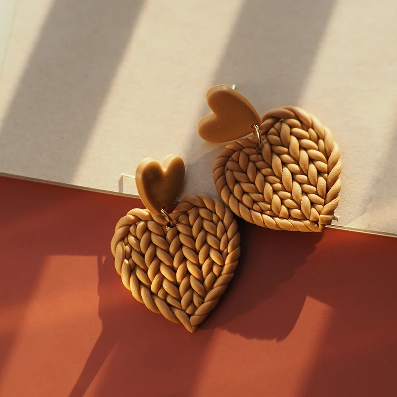 Handmade Cute Knitting Braided Pattern Heart Shape Multi Solid Colors Love Khaki Polymer Clay Earring Dangle Sets Jewelry Gifts