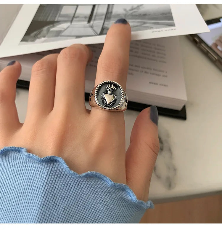 Creative Thai Silver Color Heart Open Ring Female Valentine's Day Gift Fashion Temperament Exquisite Handmade