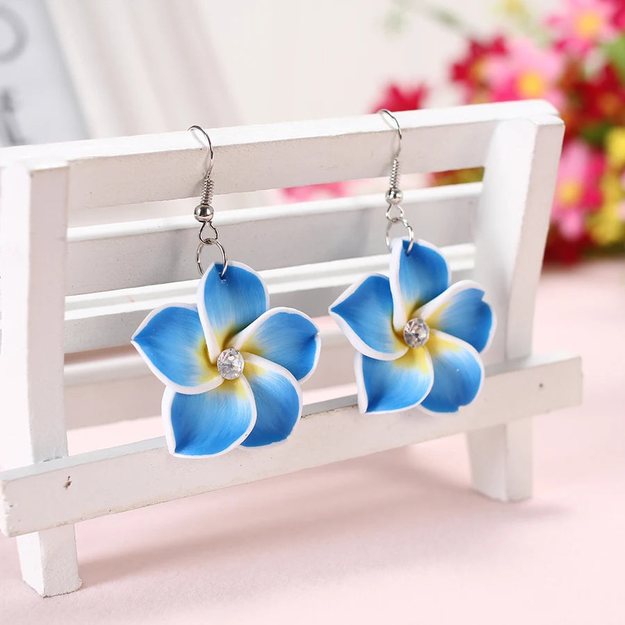 2pairs/lot 30mm Polymer Clay Plumeria Flowers Earrings Frangipani Drop Earrings For Women Hawaiian Seaside Beach Holiday Jewelry