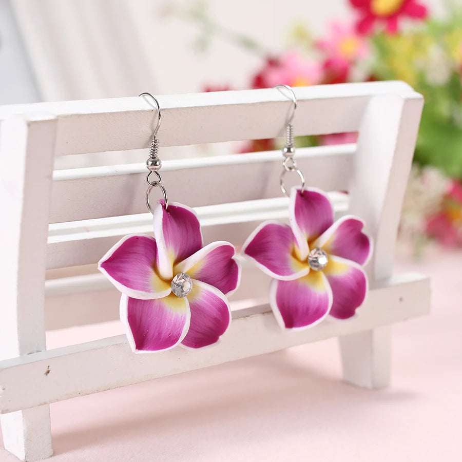 2pairs/lot 30mm Polymer Clay Plumeria Flowers Earrings Frangipani Drop Earrings For Women Hawaiian Seaside Beach Holiday Jewelry