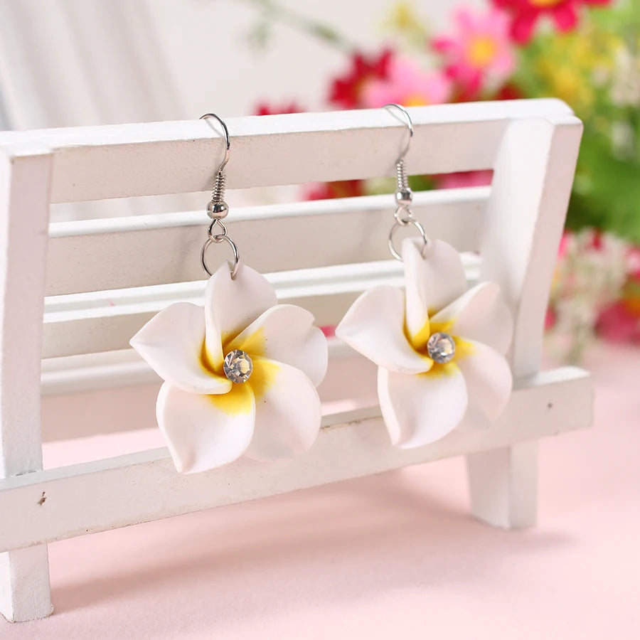 2pairs/lot 30mm Polymer Clay Plumeria Flowers Earrings Frangipani Drop Earrings For Women Hawaiian Seaside Beach Holiday Jewelry