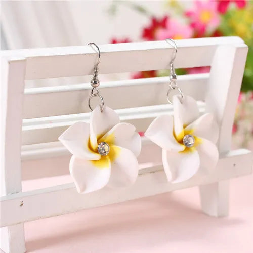 2pairs/lot 30mm Polymer Clay Plumeria Flowers Earrings Frangipani Drop Earrings For Women Hawaiian Seaside Beach Holiday Jewelry
