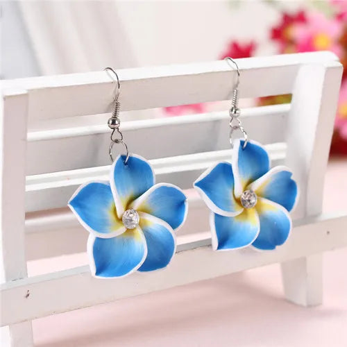 2pairs/lot 30mm Polymer Clay Plumeria Flowers Earrings Frangipani Drop Earrings For Women Hawaiian Seaside Beach Holiday Jewelry