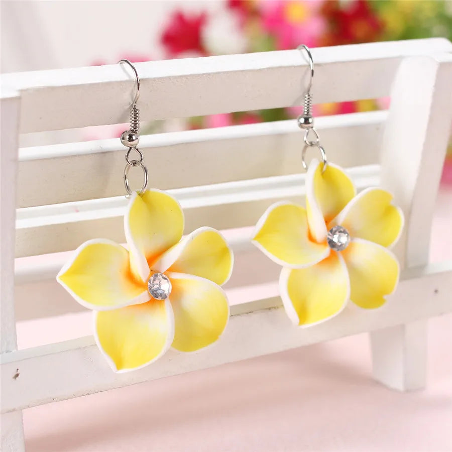 2pairs/lot 30mm Polymer Clay Plumeria Flowers Earrings Frangipani Drop Earrings For Women Hawaiian Seaside Beach Holiday Jewelry