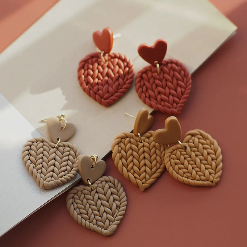 Handmade Cute Knitting Braided Pattern Heart Shape Multi Solid Colors Love Khaki Polymer Clay Earring Dangle Sets Jewelry Gifts