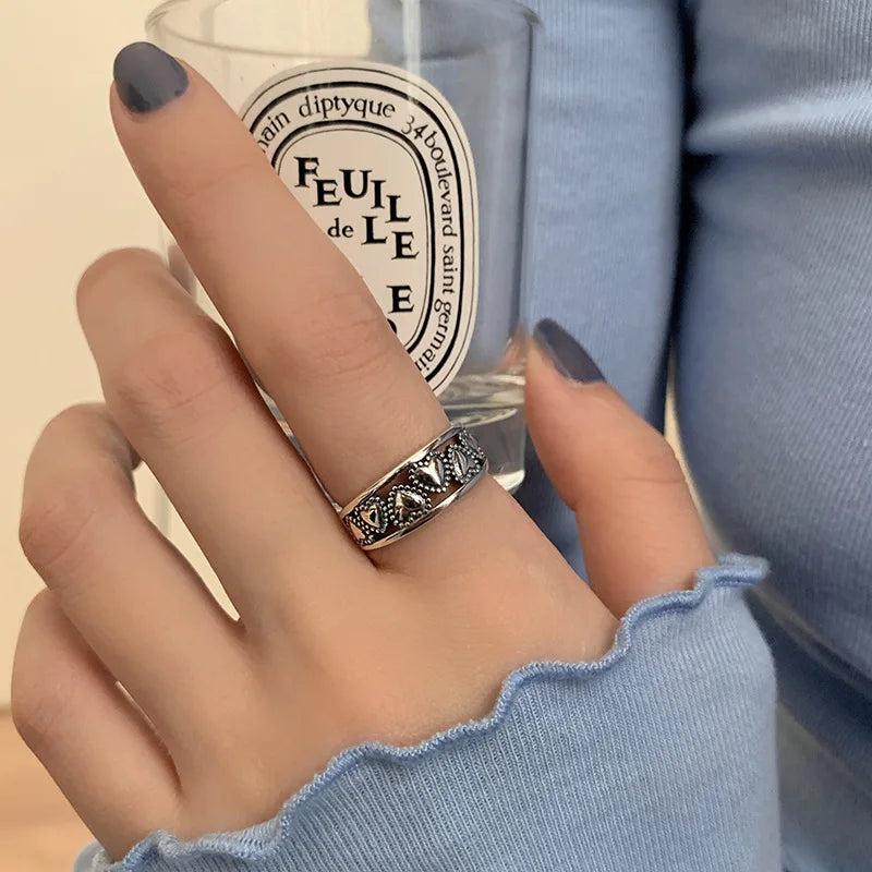 Creative Thai Silver Color Heart Open Ring Female Valentine's Day Gift Fashion Temperament Exquisite Handmade