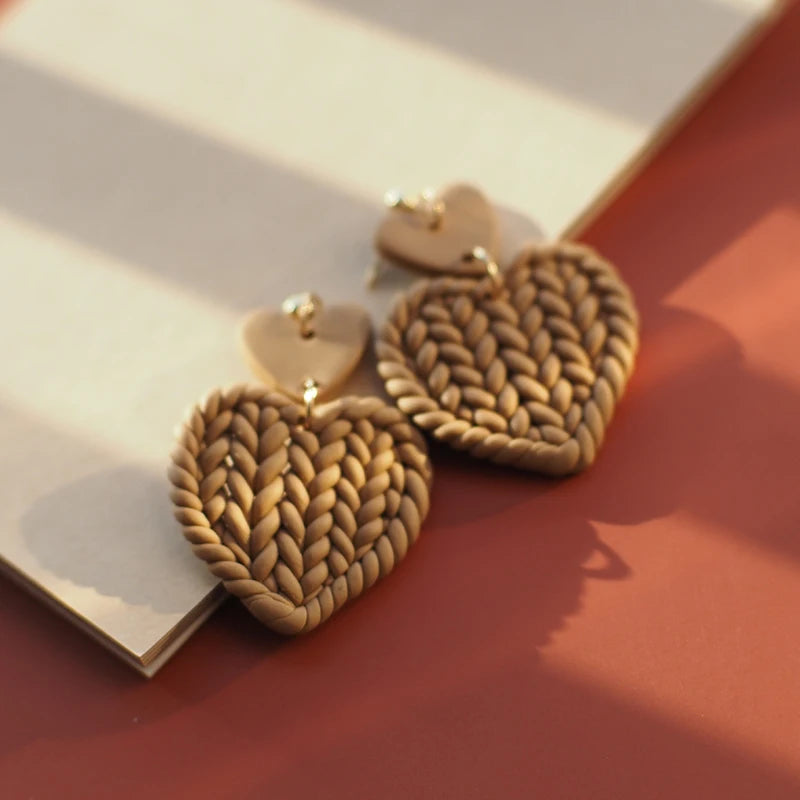 Handmade Cute Knitting Braided Pattern Heart Shape Multi Solid Colors Love Khaki Polymer Clay Earring Dangle Sets Jewelry Gifts