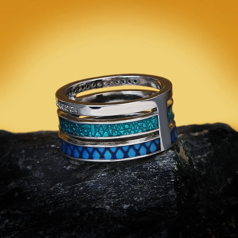 Fashion Creative Three-layer Blue Zircon Geometric Ring 925 Silver Handmade Enamel Jewelry Engagement for Women