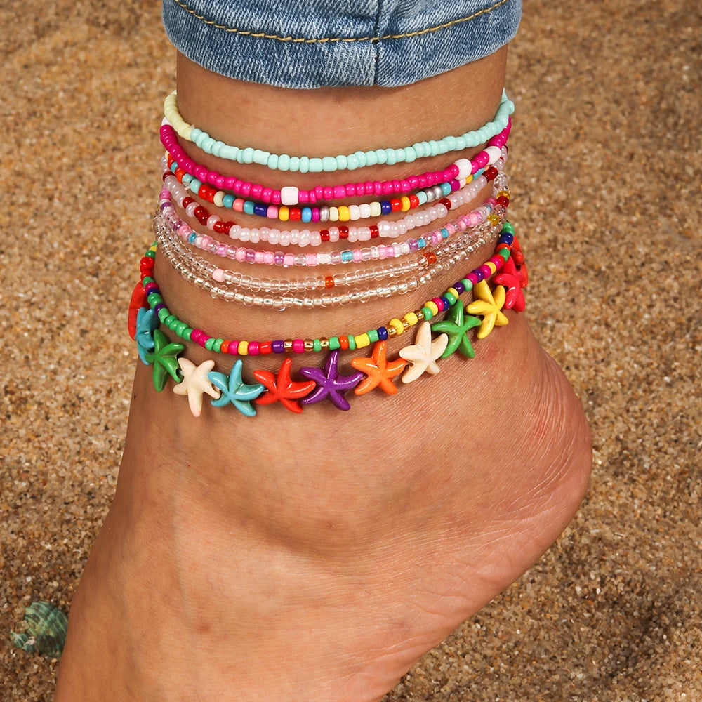 10Pcs/Set Bohemian Handmade Colorful Beads Anklets for Women Summer Beach Shell Starfish Anklets Bracelets Girls Holiday Gifts