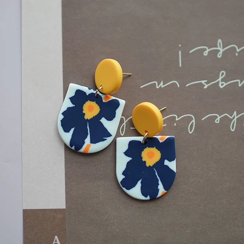 Flower Abstract Art Deco Pattern Multi Sizes Pendant Shapes Solid Colors Handmade Polymer Clay Earrings Sets For Woman Holiday