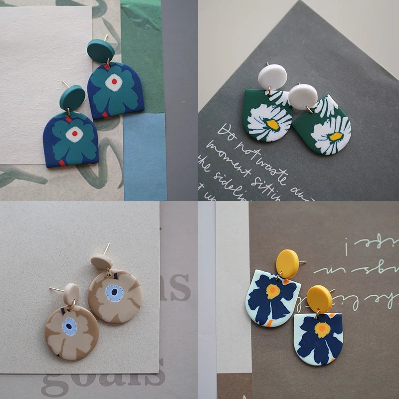 Flower Abstract Art Deco Pattern Multi Sizes Pendant Shapes Solid Colors Handmade Polymer Clay Earrings Sets For Woman Holiday