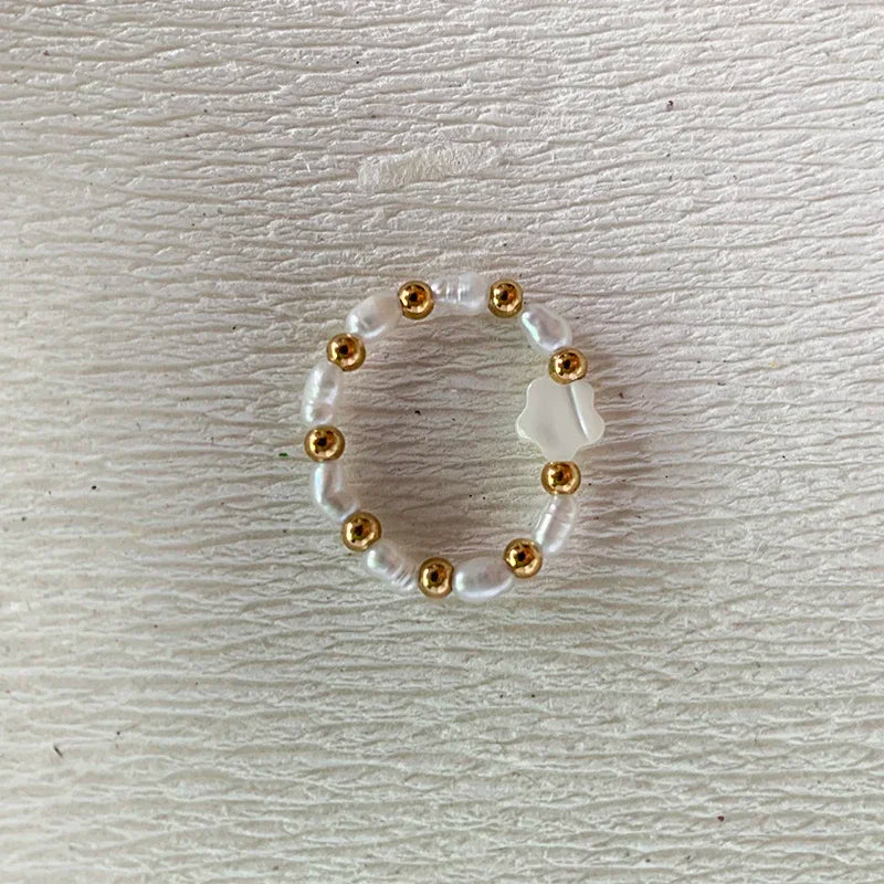 Elegant Handmade Freshwater Pearl Rings Women With Stainless Steel Bead Elastic Thread Wedding Statement Ring Gift