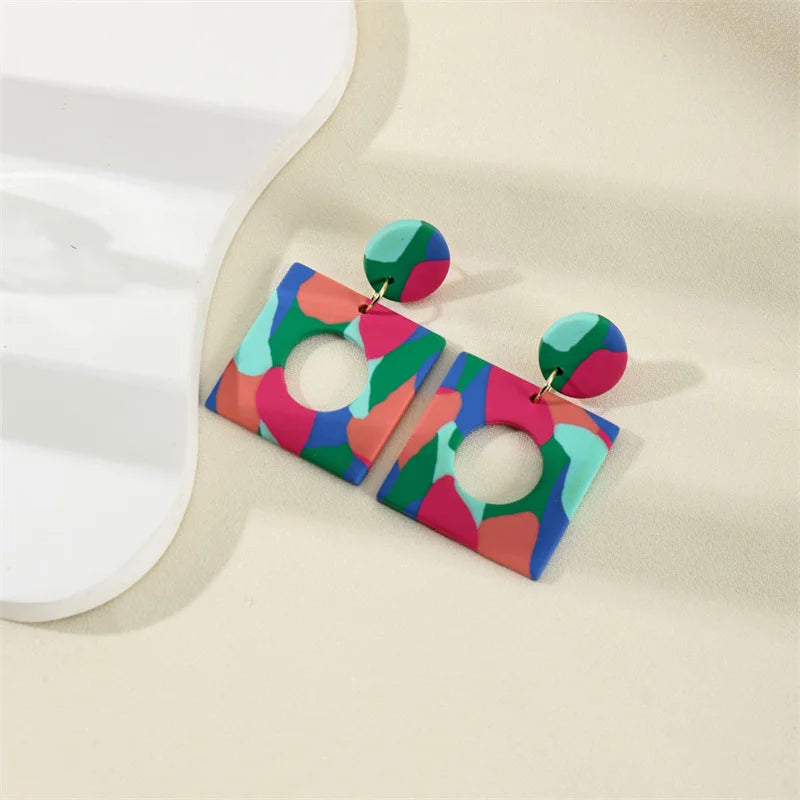  Bohemian Geometric Circle Square Clay Dangle Earrings Fashion Colorful Printing Contrast Color Polymer Clay Earrings for Femal