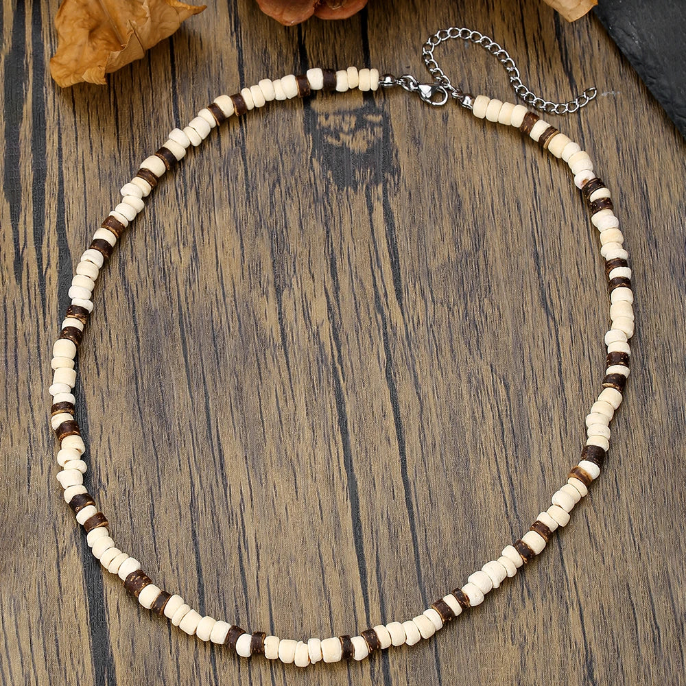Handmade Men's Wooden Beaded Clay Necklace Fashion Vintage African White Beaded Beach Surfer Necklace for Men Tribal Jewelry