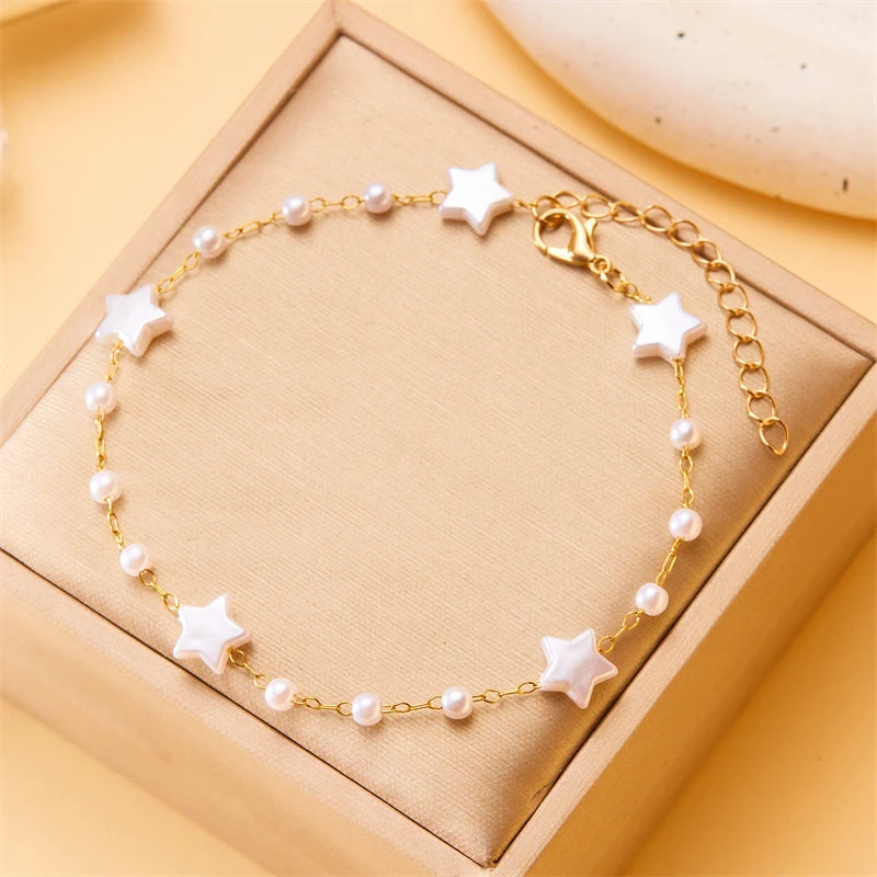 Minimalist Star Heart Anklet for Women Charm Simple Imitation Pearl Link Chain On Barefoot Bracelet Handmade Jewelry Gift