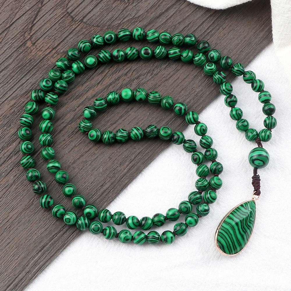 108 Mala Beads Necklaces Fashion Stone Drop Pendant Green Malachite Handmade Knotted Necklace for Women Men Prayer Neck Jewelry
