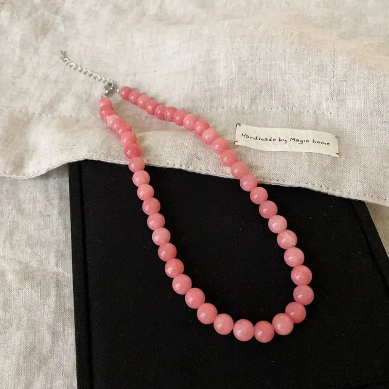 Exquisite 4 6 8mm Pink Color Round Natural Stone Beaded Necklace for Women Handmade Silver Plated Chain Strand Chokers