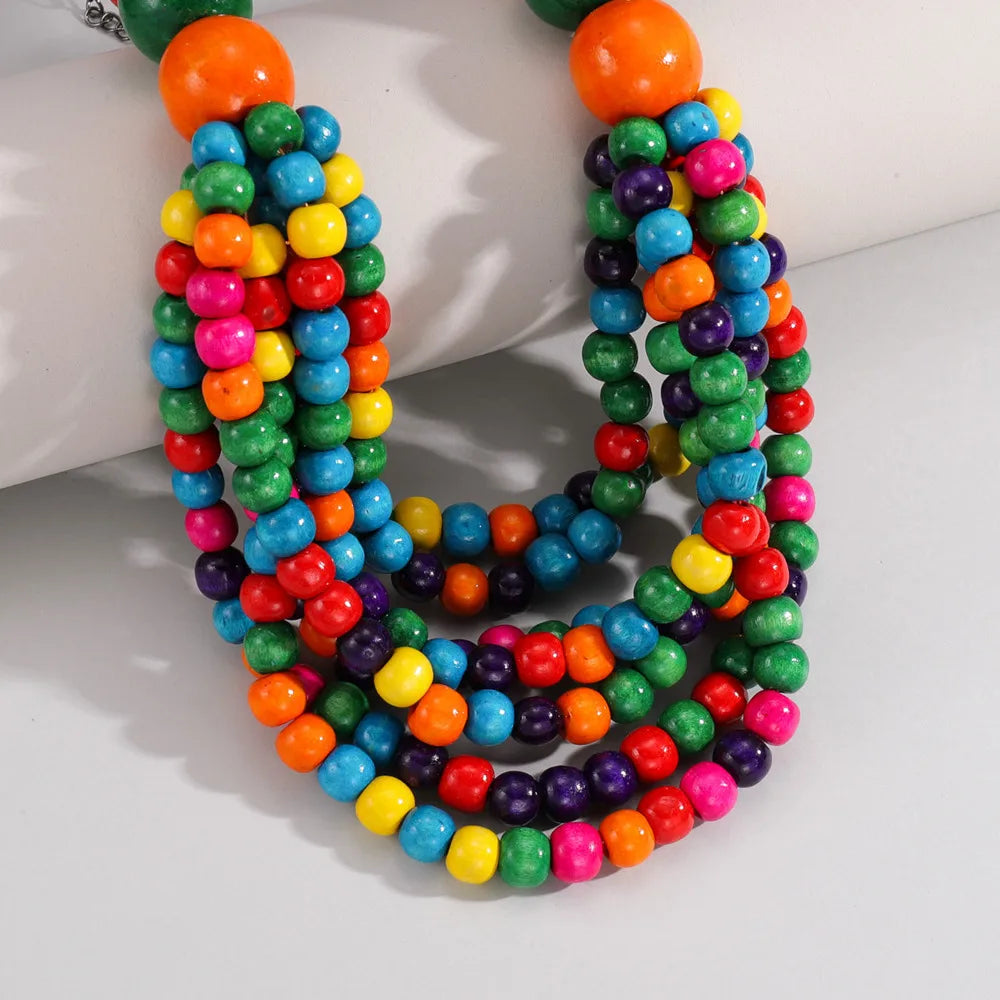 African Jewelry 2025 Trend Bohemian Ethnic Style Multi-layer Handmade Wooden Beaded Necklace For Women Party Accessories