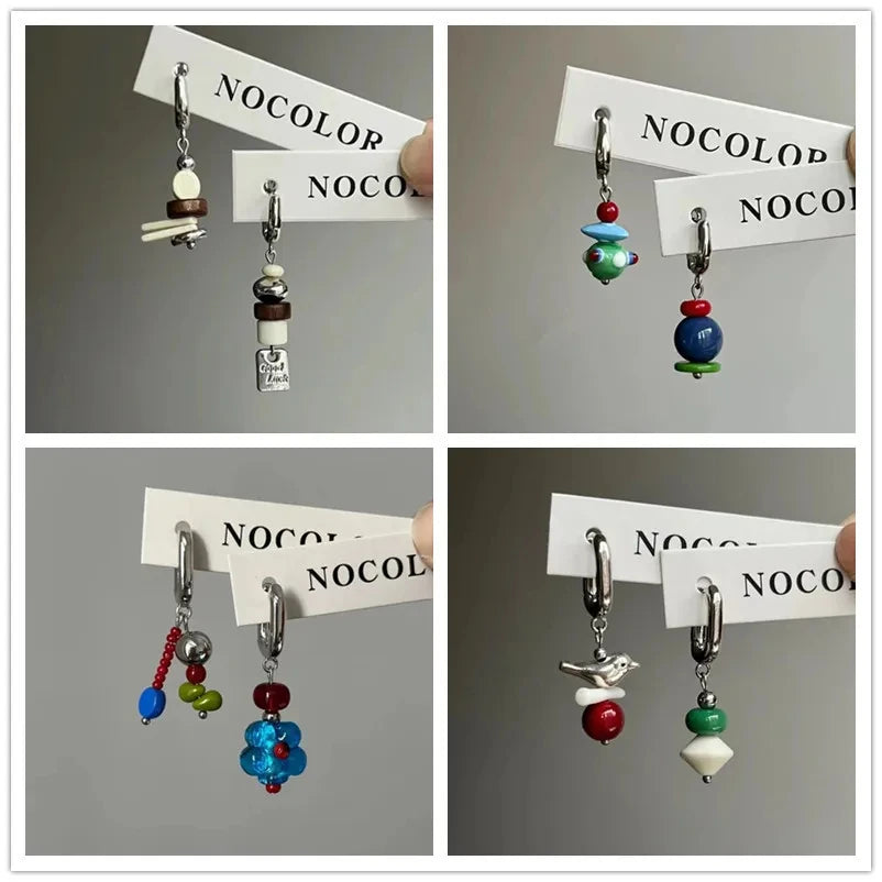 2025 Trend Vintage Designer Dangle Asymmetric Handmade Beads Drop Earrings Woman Korean Fashion Dopamine Metal Earrings Gift