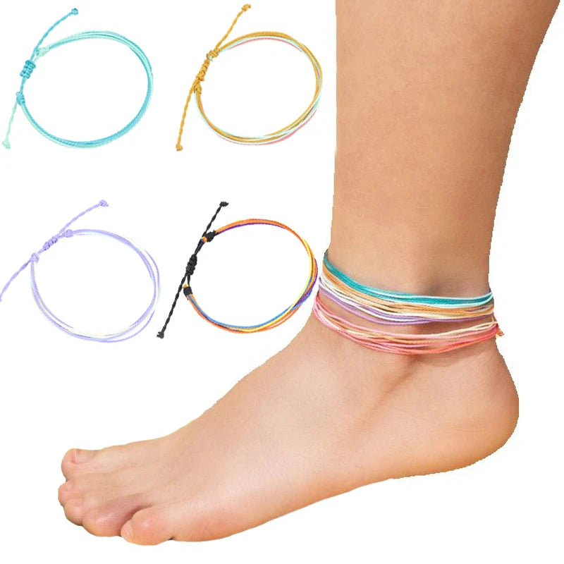 Boho Women Handmade Woven Multilayer Anklet Weaving Bracelet On The Leg Braid Rainbow Thread Rope Beach Barefoot Foot Jewelry