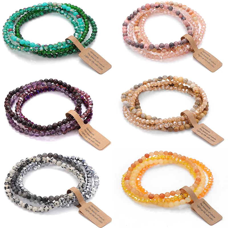 Handmade Natural Stone Bracelet Set 4mm Round Faceted Glass Quartz Agates Beads Bracelets Bangles for Women Men Lucky Jewelry