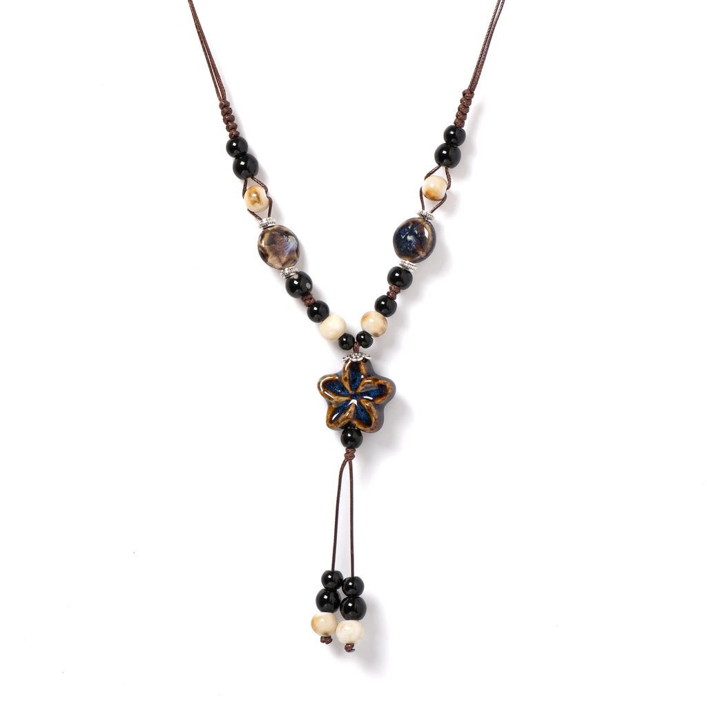 Round Star Handmade Ceramic Necklace Adjustable Pendant in Gem Blue Boho Jewelry  Long Pendant for Women 1101