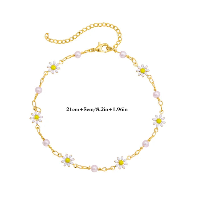 Elegant Daisy Flower Anklet with Handmade Pearl Chain Anklets for Women Summer Beach Sandals Accessories Bracelet on The Leg