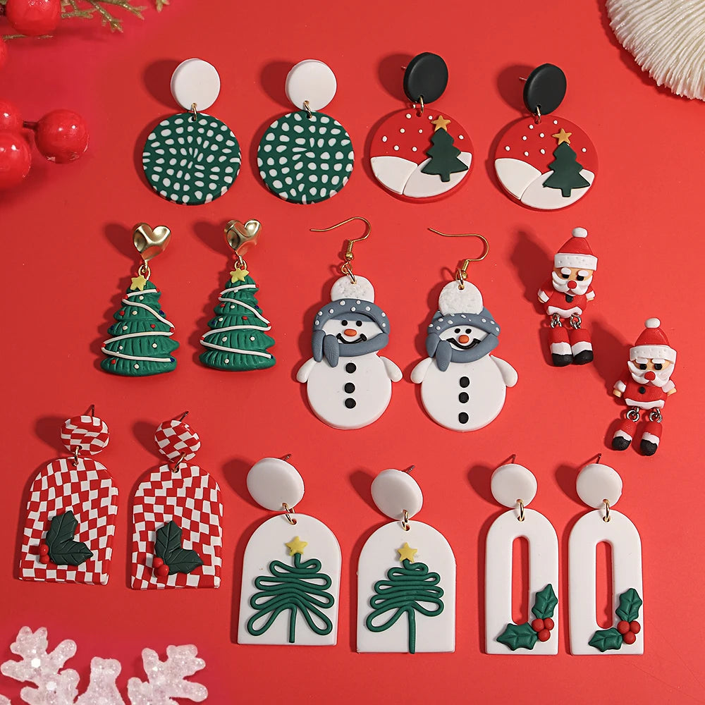 Lifefontier Christmas Festival Gifts Polymer Clay Drop Earrings 3D Handmade Xmas Snowman Tree Charms Earring Party Jewelry