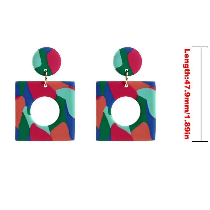  Bohemian Geometric Circle Square Clay Dangle Earrings Fashion Colorful Printing Contrast Color Polymer Clay Earrings for Femal