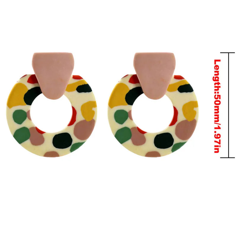  Bohemian Geometric Circle Square Clay Dangle Earrings Fashion Colorful Printing Contrast Color Polymer Clay Earrings for Femal