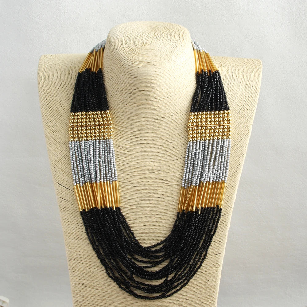 Bohemian Ethnic Handmade Multi-layer Glass Rice Bead Necklace Mix Color Multi Strand Statement Necklace Seed Beads Necklace