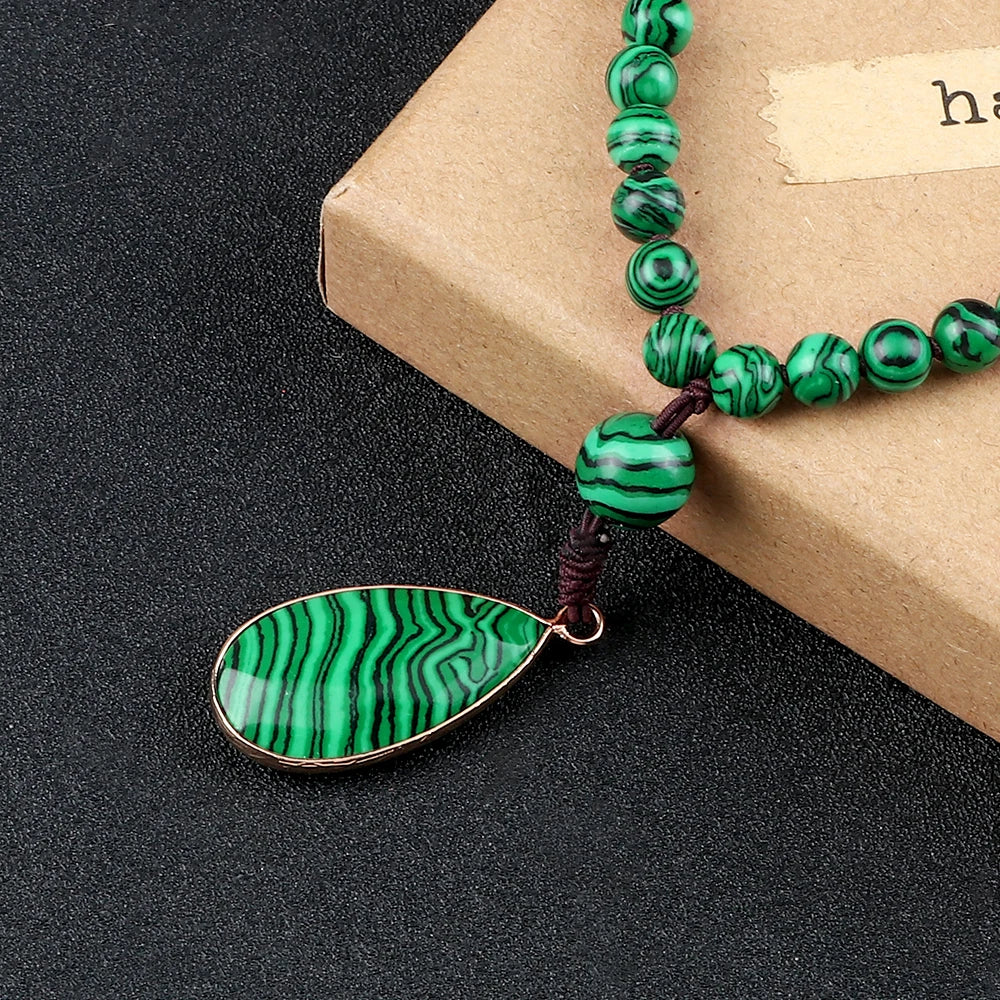 108 Mala Beads Necklaces Fashion Stone Drop Pendant Green Malachite Handmade Knotted Necklace for Women Men Prayer Neck Jewelry