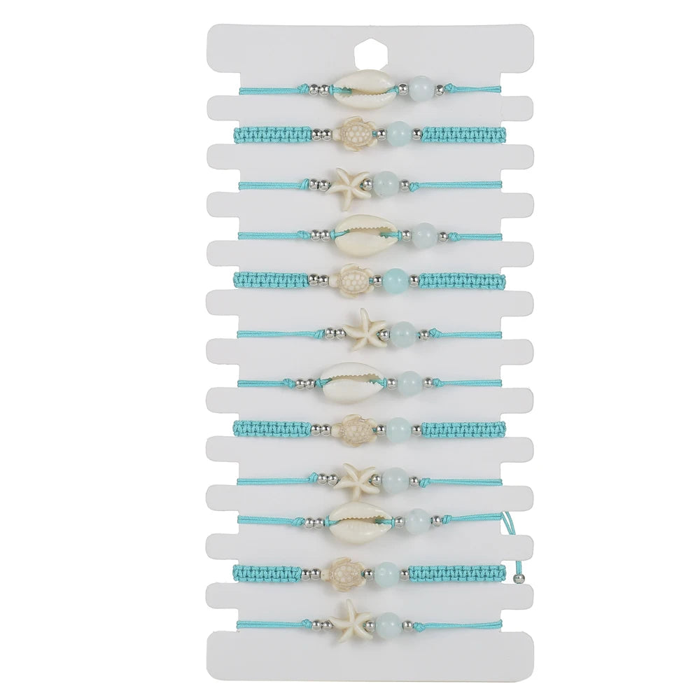 12pcs Shell Starfish Turtle Charms Bracelet Set Braided Rope Bracelet Set Handmade Adjustable Bracelets For Women Jewelry Gifts