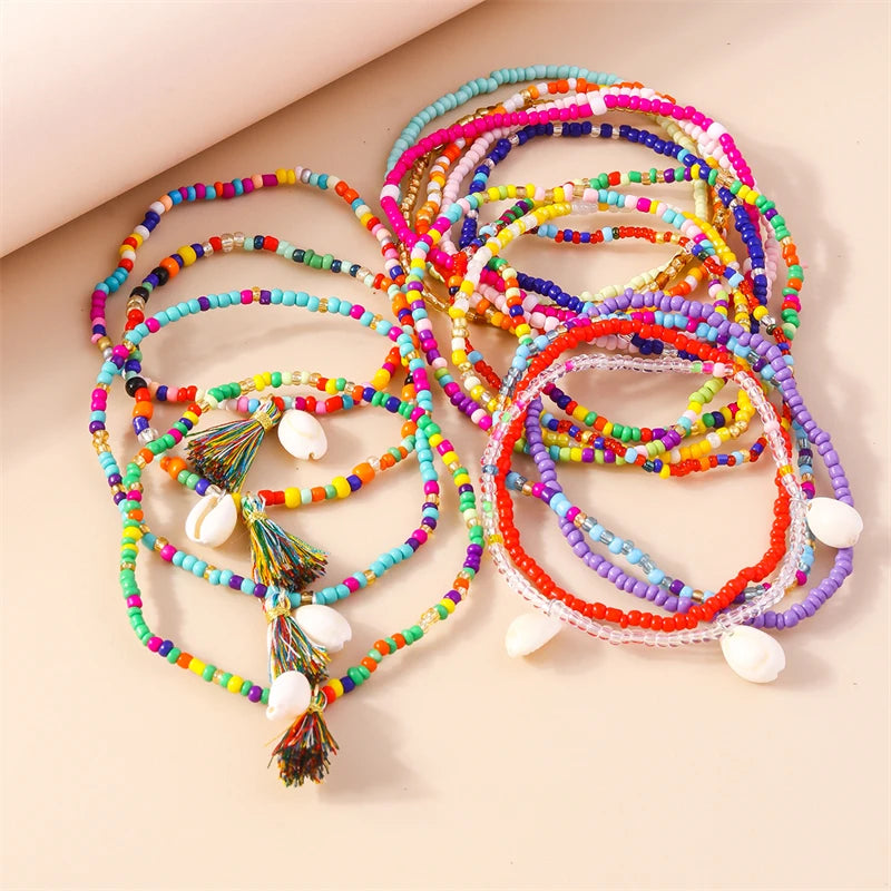 10Pcs/Set Bohemian Handmade Colorful Beads Anklets for Women Summer Beach Shell Starfish Anklets Bracelets Girls Holiday Gifts