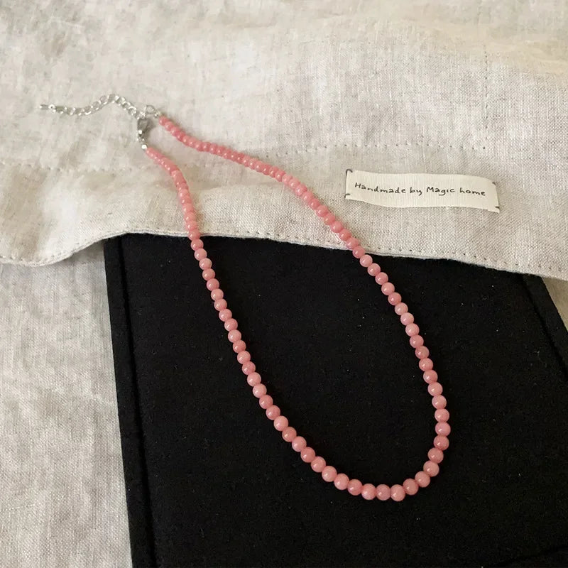 Exquisite 4 6 8mm Pink Color Round Natural Stone Beaded Necklace for Women Handmade Silver Plated Chain Strand Chokers