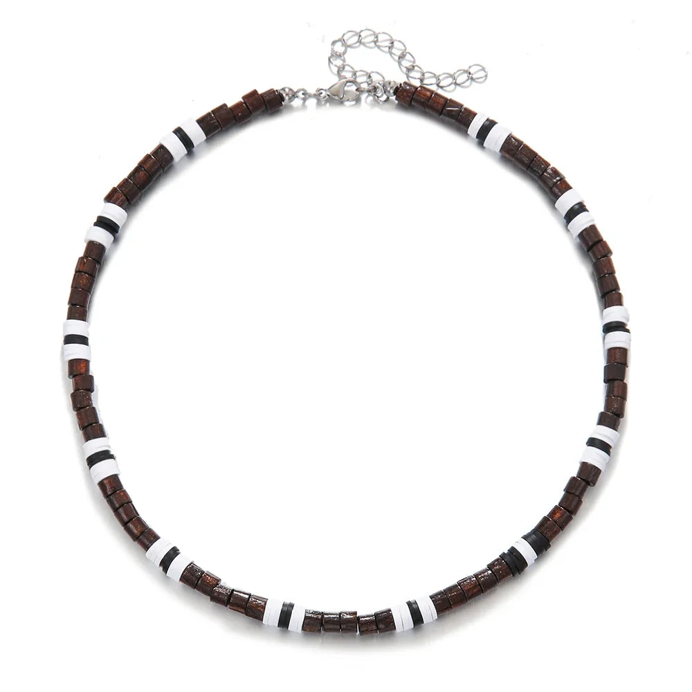 Handmade Men's Wooden Beaded Clay Necklace Fashion Vintage African White Beaded Beach Surfer Necklace for Men Tribal Jewelry