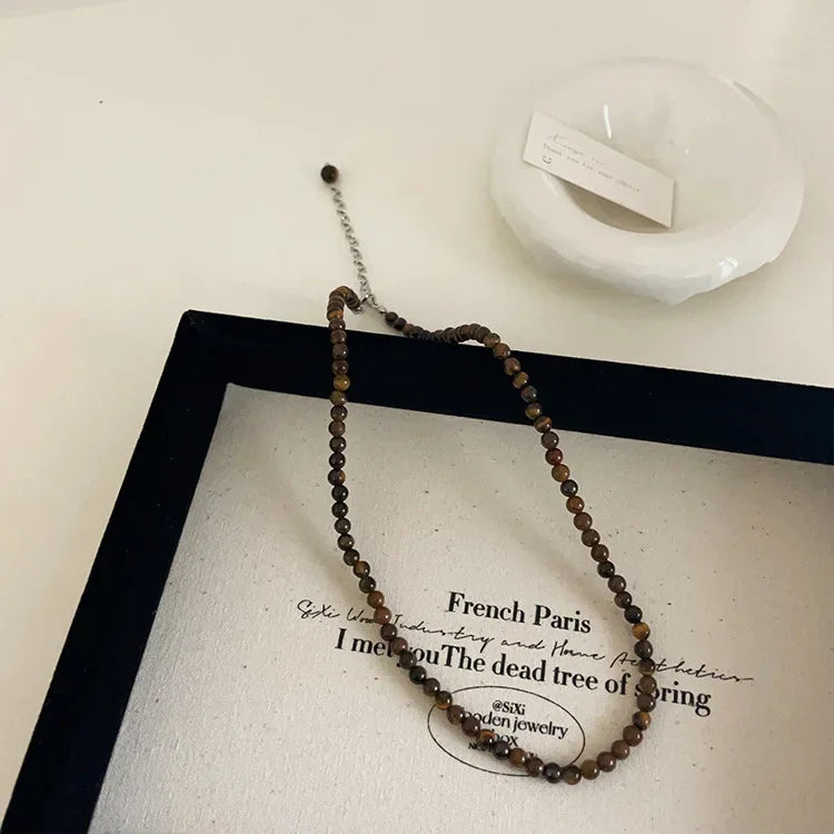 Exquisite 4 6 8mm Pink Color Round Natural Stone Beaded Necklace for Women Handmade Silver Plated Chain Strand Chokers