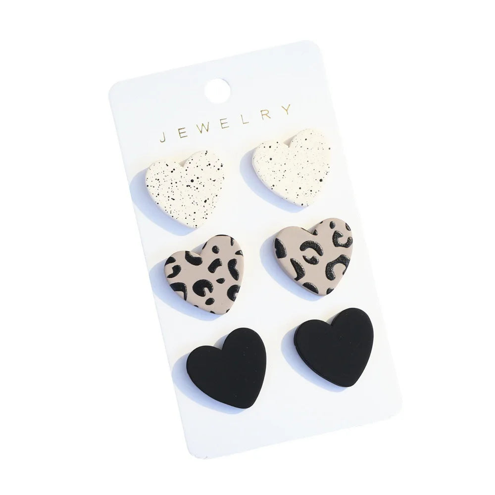 3-on-1 card spotted leopard print symbol printed clay texture women's acrylic heart-shaped earrings