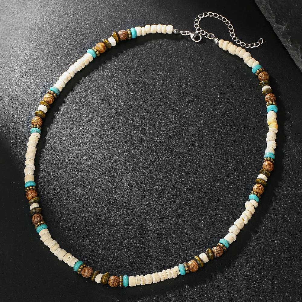 Handmade Men's Wooden Beaded Clay Necklace Fashion Vintage African White Beaded Beach Surfer Necklace for Men Tribal Jewelry