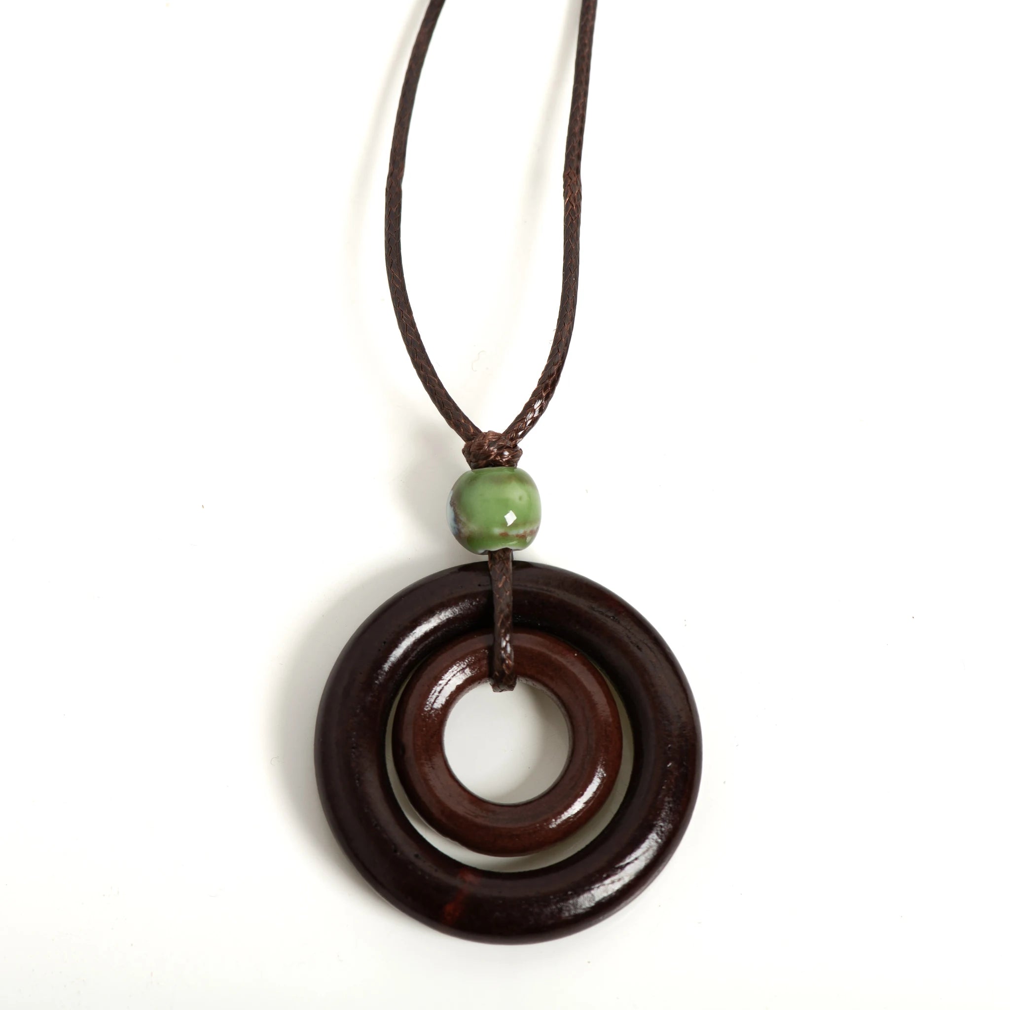 Handmade Wooden Circle Ceramic Pendant Necklace Adjustable Cord Unique Bohemian Jewelry for Men and Women 1 Piece S001160