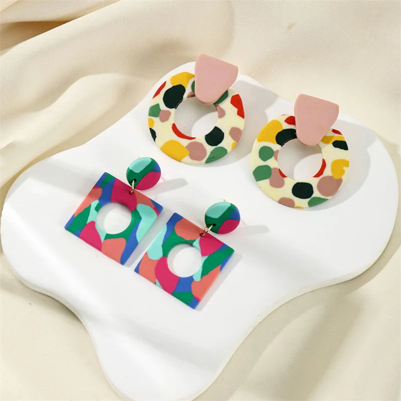  Bohemian Geometric Circle Square Clay Dangle Earrings Fashion Colorful Printing Contrast Color Polymer Clay Earrings for Femal